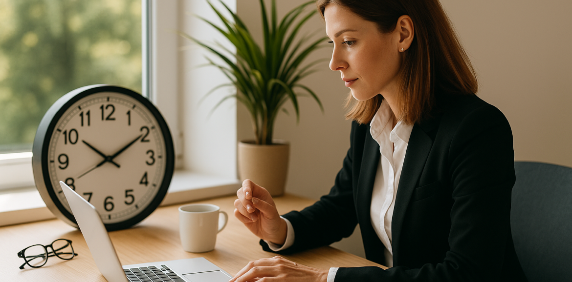 Imprenditrice al computer che gestisce il proprio tempo e le priorità grazie al coaching professionale