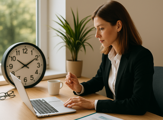 Imprenditrice al computer che gestisce il proprio tempo e le priorità grazie al coaching professionale